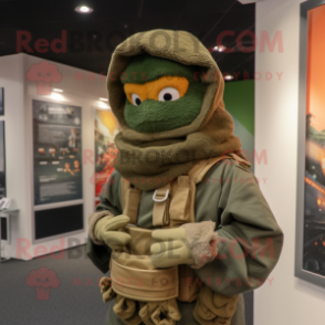 Rust Green Beret mascot costume character dressed with a Hoodie and Shawls