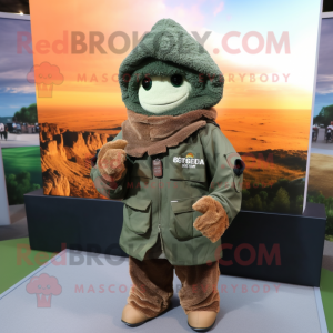 Rust Green Beret mascot costume character dressed with a Hoodie and Shawls