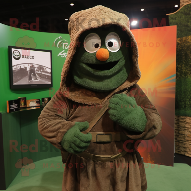 Rust Green Beret mascot costume character dressed with a Hoodie and Shawls Rust Green Beret mascot costume character dressed with a Hoodie and Shawls