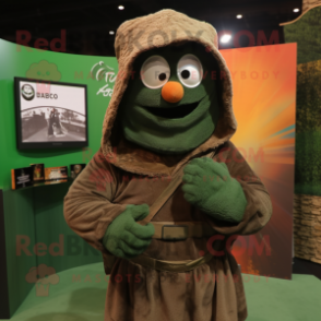 Rust Green Beret mascot costume character dressed with a Hoodie and Shawls