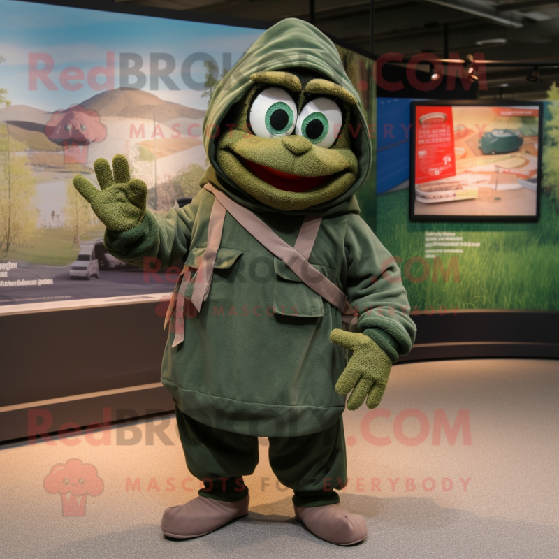 Rust Green Beret mascot costume character dressed with a Hoodie and Shawls