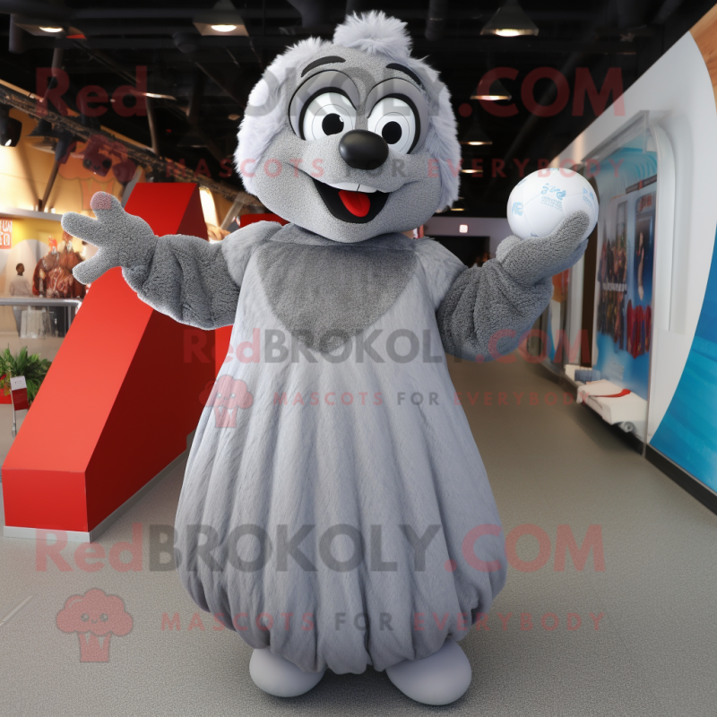 Silver Meatballs mascot costume character dressed with a Maxi Dress and Mittens Silver Meatballs mascot costume character dressed with a Maxi Dress and Mittens
