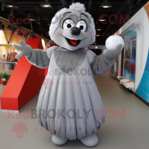 Silver Meatballs mascot costume character dressed with a Maxi Dress and Mittens
