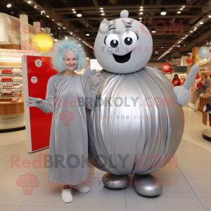 Silver Meatballs mascot costume character dressed with a Maxi Dress and Mittens