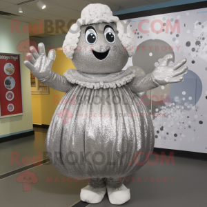 Silver Meatballs mascot costume character dressed with a Maxi Dress and Mittens