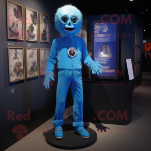 Blue Undead mascot costume character dressed with a Jumpsuit and Keychains