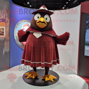 Maroon Penguin mascot costume character dressed with a Circle Skirt and Cummerbunds