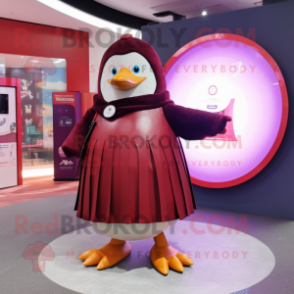 Maroon Penguin mascot costume character dressed with a Circle Skirt and Cummerbunds