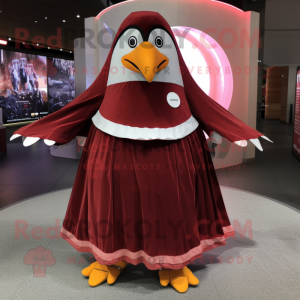 Maroon Penguin mascot costume character dressed with a Circle Skirt and Cummerbunds