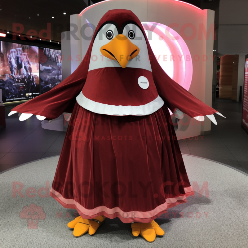 Maroon Penguin mascot costume character dressed with a Circle Skirt and Cummerbunds Maroon Penguin mascot costume character dressed with a Circle Skirt and Cummerbunds