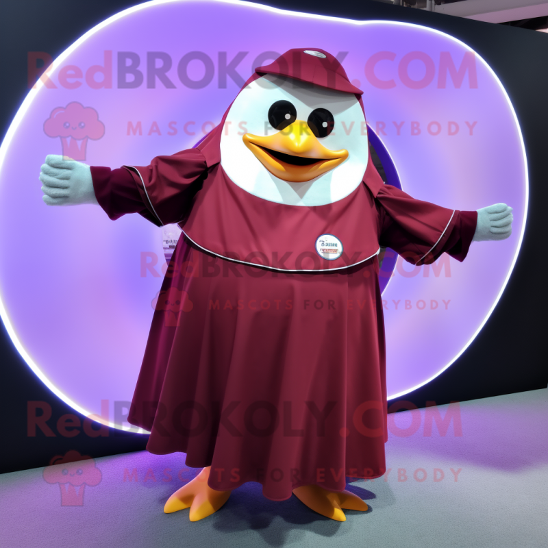 Maroon Penguin mascot costume character dressed with a Circle Skirt and Cummerbunds Maroon Penguin mascot costume character dressed with a Circle Skirt and Cummerbunds