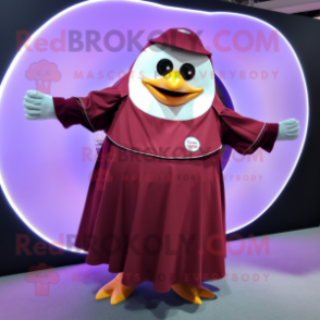 Maroon Penguin mascot costume character dressed with a Circle Skirt and Cummerbunds