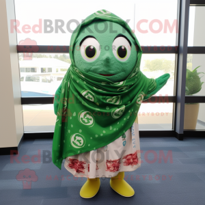 Forest Green Tuna mascot costume character dressed with a Wrap Dress and Scarves