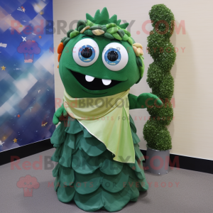 Forest Green Tuna mascot costume character dressed with a Wrap Dress and Scarves