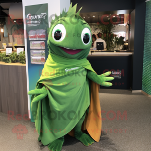 Forest Green Tuna mascot costume character dressed with a Wrap Dress and Scarves