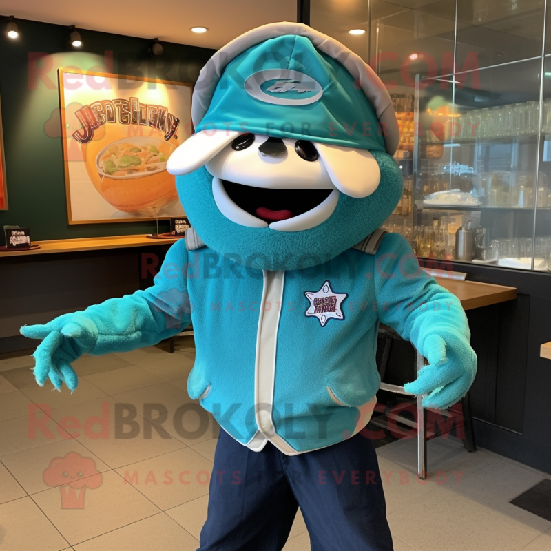 Turquoise Crab Cakes mascot costume character dressed with a Moto Jacket and Hat pins Turquoise Crab Cakes mascot costume character dressed with a Moto Jacket and Hat pins