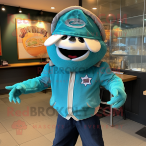 Turquoise Crab Cakes mascot costume character dressed with a Moto Jacket and Hat pins