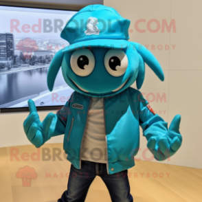 Turquoise Crab Cakes mascot costume character dressed with a Moto Jacket and Hat pins