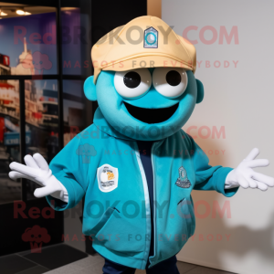 Turquoise Crab Cakes mascot costume character dressed with a Moto Jacket and Hat pins