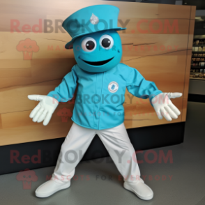 Turquoise Crab Cakes mascot costume character dressed with a Moto Jacket and Hat pins