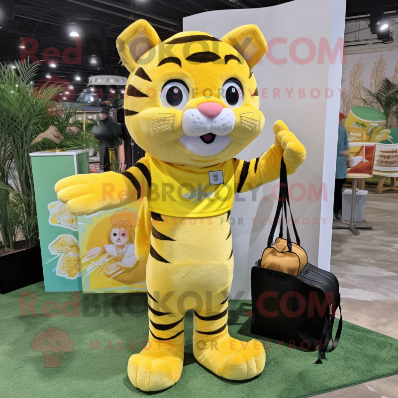 Lemon Yellow Tiger mascot costume character dressed with a Turtleneck and Tote bags Lemon Yellow Tiger mascot costume character dressed with a Turtleneck and Tote bags