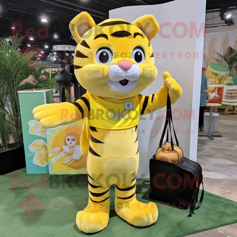 Lemon Yellow Tiger mascot costume character dressed with a Turtleneck and Tote bags