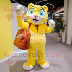 Lemon Yellow Tiger mascot costume character dressed with a Turtleneck and Tote bags