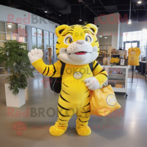 Lemon Yellow Tiger mascot costume character dressed with a Turtleneck and Tote bags