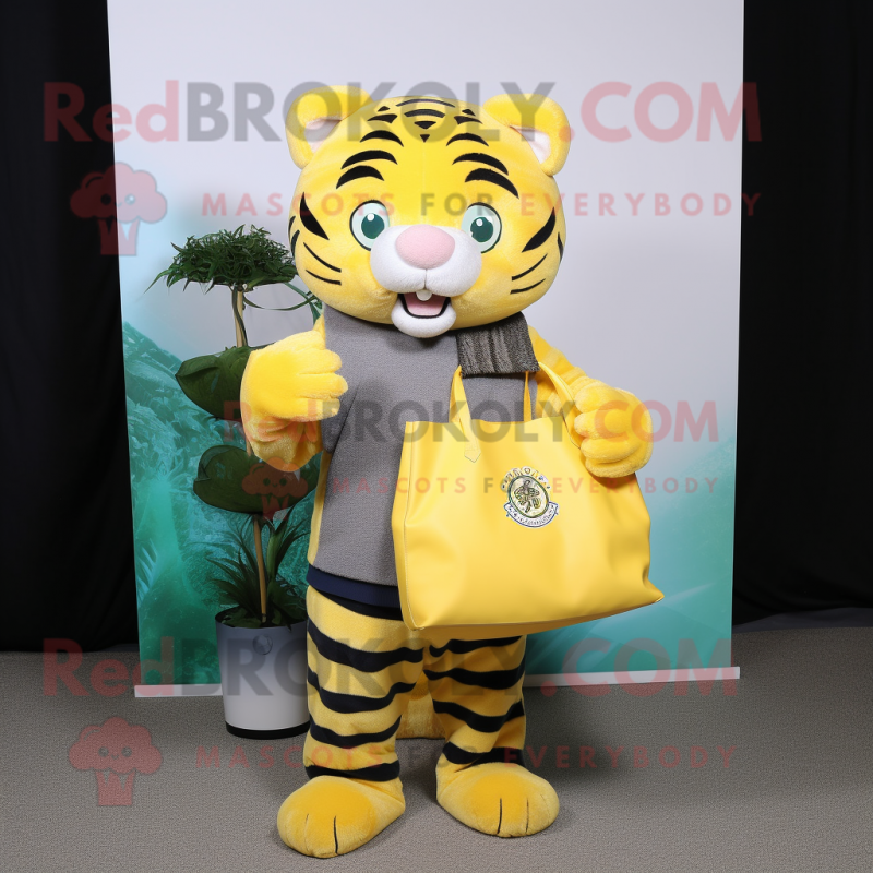 Lemon Yellow Tiger mascot costume character dressed with a Turtleneck and Tote bags