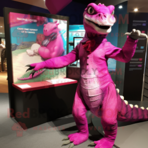 Magenta Komodo Dragon mascot costume character dressed with a Bikini and Ties