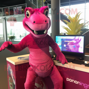 Magenta Komodo Dragon mascot costume character dressed with a Bikini and Ties