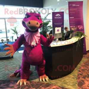 Magenta Komodo Dragon mascot costume character dressed with a Bikini and Ties