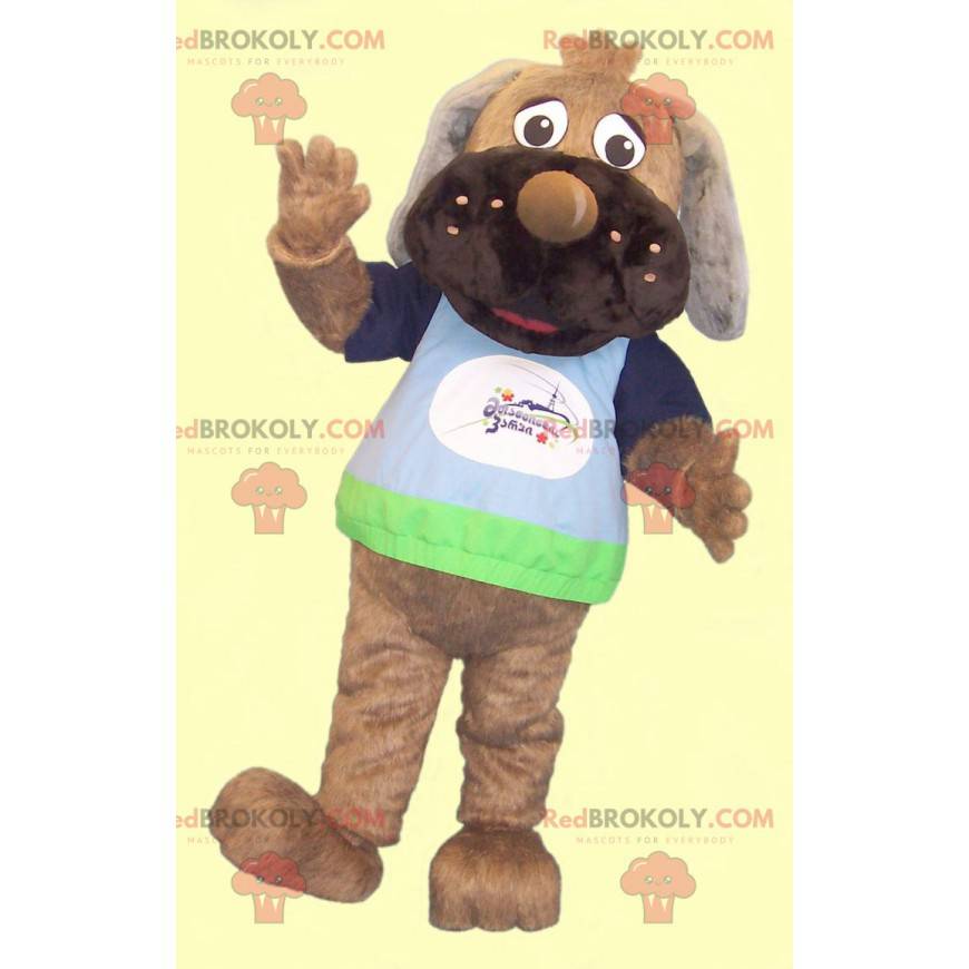 Brun hundemaskot med en farverig t-shirt - Redbrokoly.com