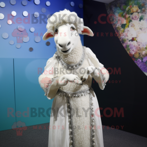 Silver Suffolk Sheep mascot costume character dressed with a Wedding Dress and Bracelets