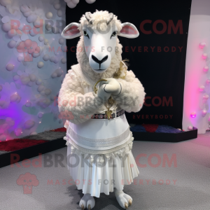 Silver Suffolk Sheep mascot costume character dressed with a Wedding Dress and Bracelets