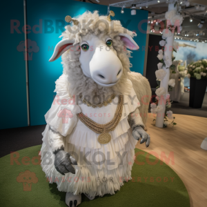 Silver Suffolk Sheep mascot costume character dressed with a Wedding Dress and Bracelets