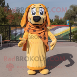 Cream Hot Dogs mascot costume character dressed with a Jumpsuit and Scarf clips