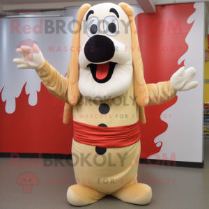 Cream Hot Dogs mascot costume character dressed with a Jumpsuit and Scarf clips