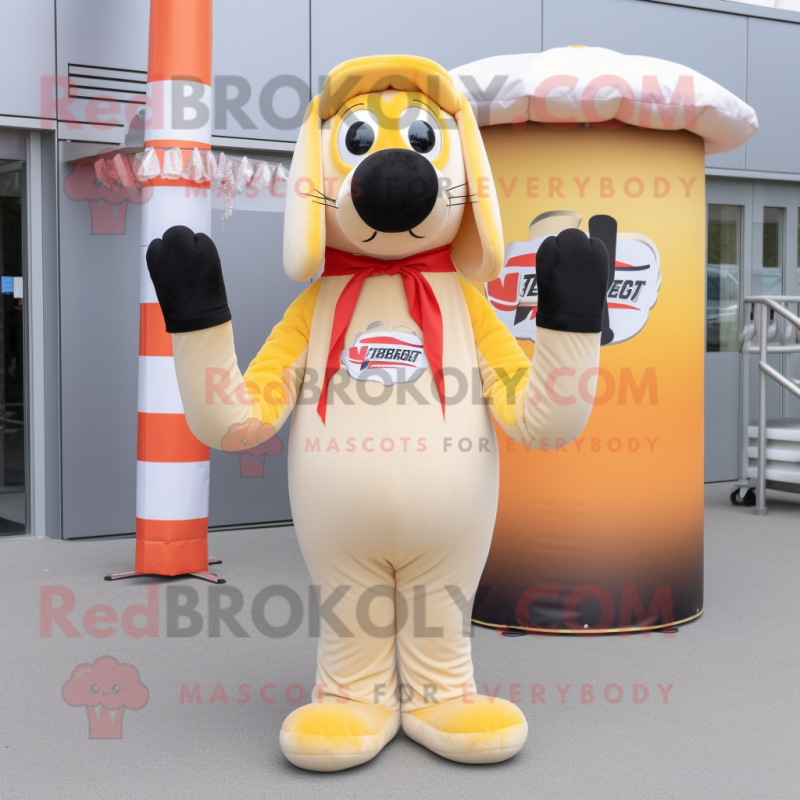 Cream Hot Dogs mascot costume character dressed with a Jumpsuit and Scarf clips Cream Hot Dogs mascot costume character dressed with a Jumpsuit and Scarf clips