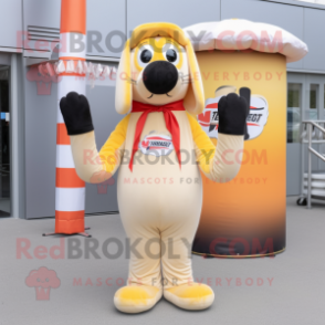Cream Hot Dogs mascot costume character dressed with a Jumpsuit and Scarf clips