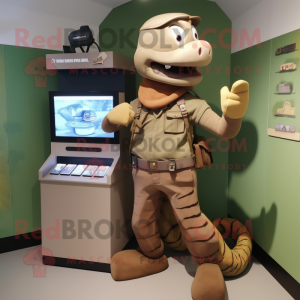 Brown Anaconda mascot costume character dressed with a Cargo Pants and Smartwatches