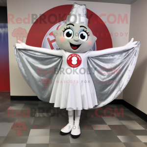 Silver Pizza Slice mascot costume character dressed with a Circle Skirt and Scarves