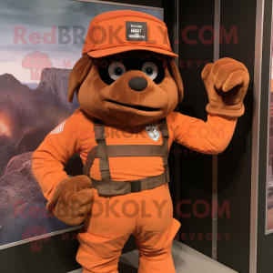 Rust Army Soldier mascot costume character dressed with a Polo Tee and Mittens