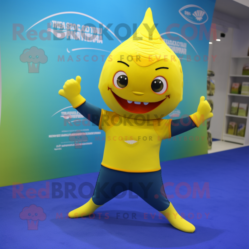 Yellow Tuna mascot costume character dressed with a Yoga Pants and Bracelets Yellow Tuna mascot costume character dressed with a Yoga Pants and Bracelets