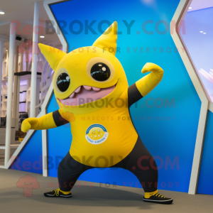 Yellow Tuna mascot costume character dressed with a Yoga Pants and Bracelets