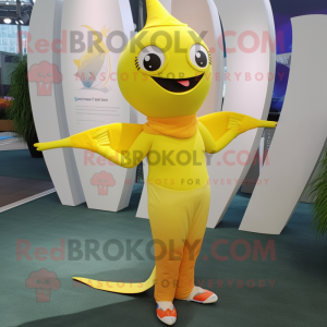 Yellow Tuna mascot costume character dressed with a Yoga Pants and Bracelets