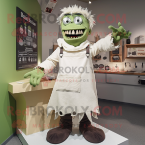 Cream Frankenstein'S Monster mascot costume character dressed with a Dungarees and Shawl pins