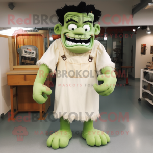 Cream Frankenstein'S Monster mascot costume character dressed with a Dungarees and Shawl pins