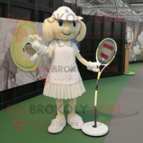 Cream Tennis Racket mascot costume character dressed with a Shift Dress and Messenger bags