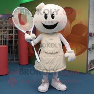 Cream Tennis Racket mascot costume character dressed with a Shift Dress and Messenger bags